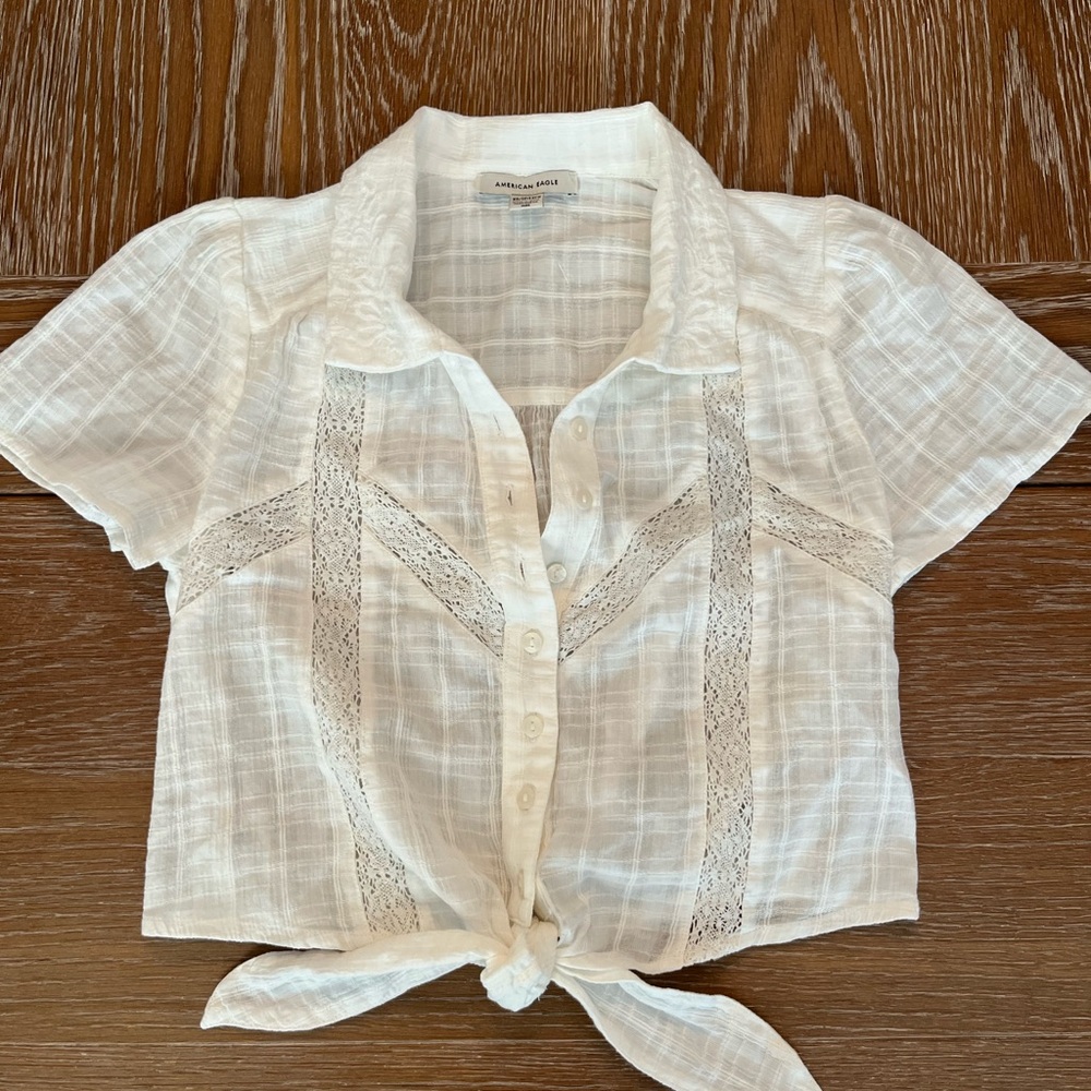 NWOT American Eagle White Button-Up Lace Detail Top